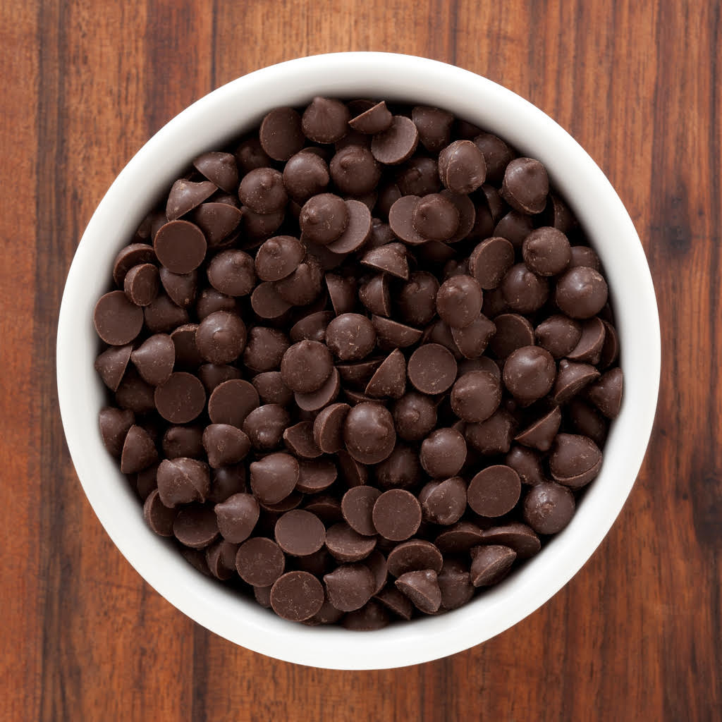 Top view of white bowl full of chocolate chips